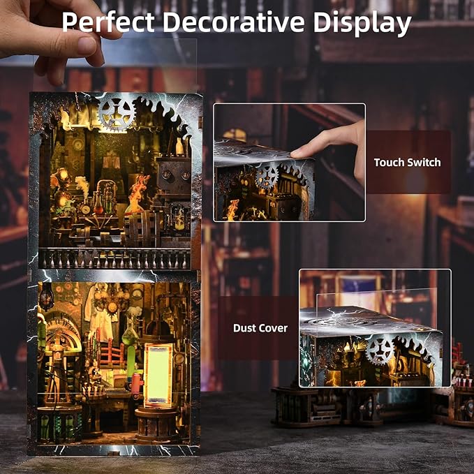 Book Nook Kit, Steampunk DIY Booknook Kits for Adults and Teens, 3D Wooden Puzzle Bookend Miniature Dollhouse Kit Creative Bookshelf Insert Decor with LED Light (Mad Scientist's Lab)