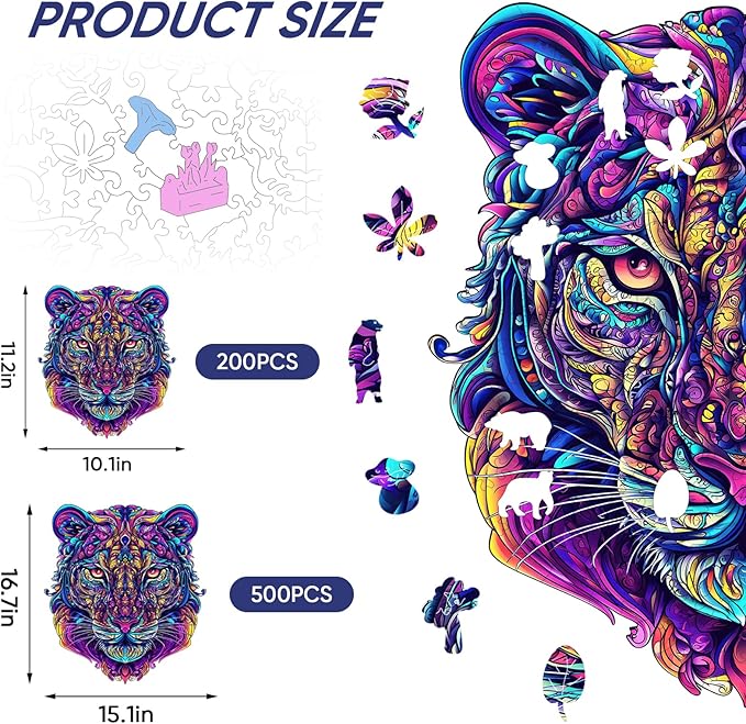 Ruikiyart Wooden Puzzles for Adults, 5MM 500 Pieces Tiger Wooden Jigsaw Puzzles, Mandala Animal Puzzle Unique Shapes Gift for Kids and Adults on Birthday,Thanksgiving,Christmas (15.1"x16.7")