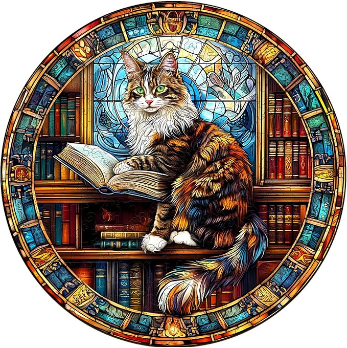 Wooden Puzzles for Adults, Wooden Jigsaw Puzzles for Adults Kids, The Maine Cat Library Unique Shaped Wood Puzzles Adult, Creative Birthday Gifts for Friends Family Game (11.4 * 11.4in 200pcs)