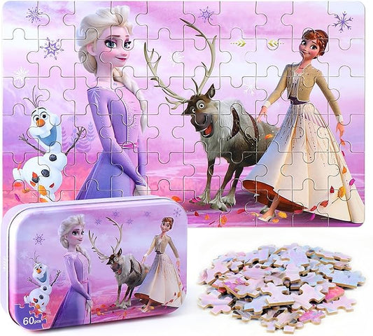 LELEMON Pretty Puzzles for Kids Ages 4-6, Snowmen 60 Piece Puzzles for Kids Ages 4-8,Children Jigsaw Puzzles in a Metal Box,Educational Learning Puzzle Toys for Girls and Boys