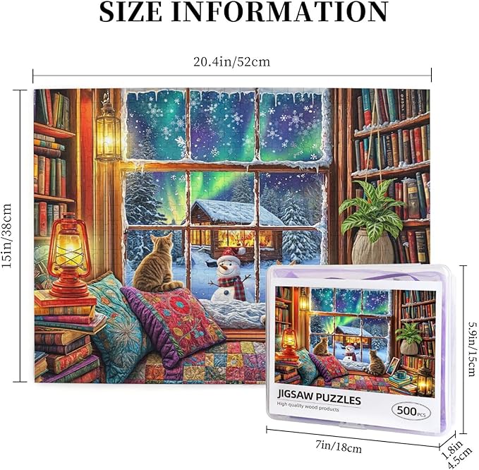 Winter Reading Nook 500 Piece Jigsaw Puzzle Winter Puzzles 500 Pieces Funny Cat Puzzle Puzzles for Indoor Cats for Adults Challenging Puzzle Perfect for Game Nights