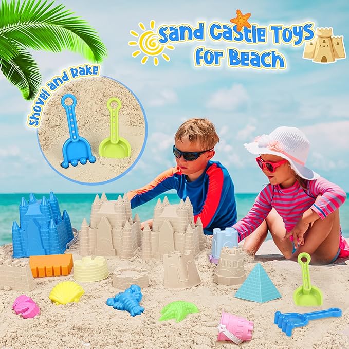 Beach Toys Sand Toys for Kids, Sand Castle Toys with Castle Bucket, Sand Molds, Shovel and Rake, Sandbox Toy for Toddlers 1-3 4 5 6 7 8 9 10 12, Beach Summer Accessories for Kids