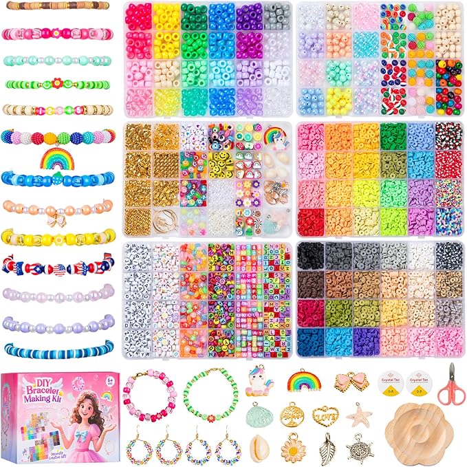 DIY Friendship Bracelet Making Kit for Kids – 6 Boxes Jewelry Crafts Beads with Pony, Clay, Letter Beads, Charms & Complete Jewelry Making Tools – Gift for Girls Age 6+