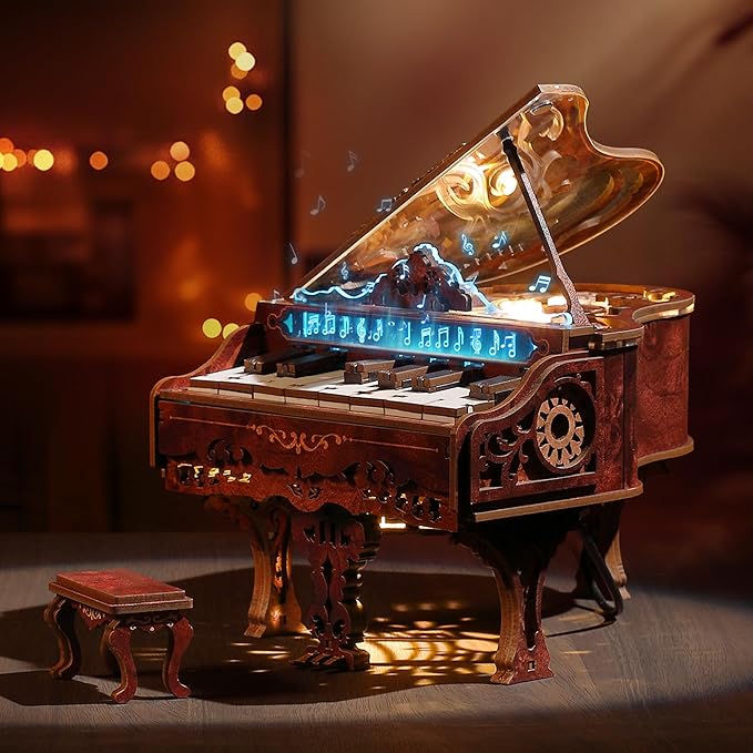 3D Wood Puzzle Piano Kit, Playable Wooden Keyboard Model with LED Lights, Interactive Craft Kit & Digital Piano Puzzle for Adults and Kids（with LED