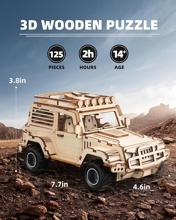 3D Wooden Puzzle Off-Road Car for Adults, Brain Teaser 3D Puzzles for Kids and Adults to Build, 125pcs Wood Craft Pull Back Truck Cars, Christmas Birthday Gift for Teens Men Women