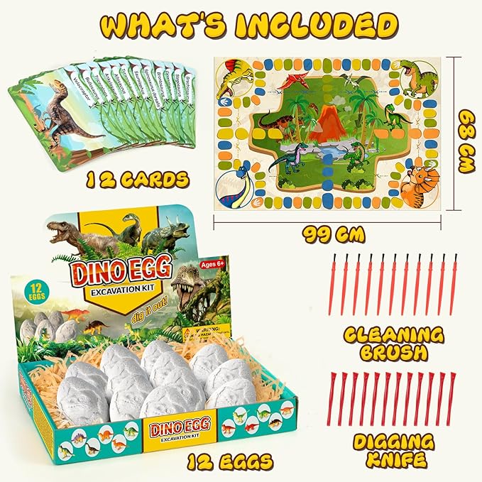 kolegend Dino Egg Dig Kit, 12 Pack Easter Basket Stuffers with 12 Dinosaur Cards and 1 Dinosaur Activity Playmat, Easter Basket Stuffers Toys for 3 4 5 6 7 8 9 10 11 Year Old Boys Girl