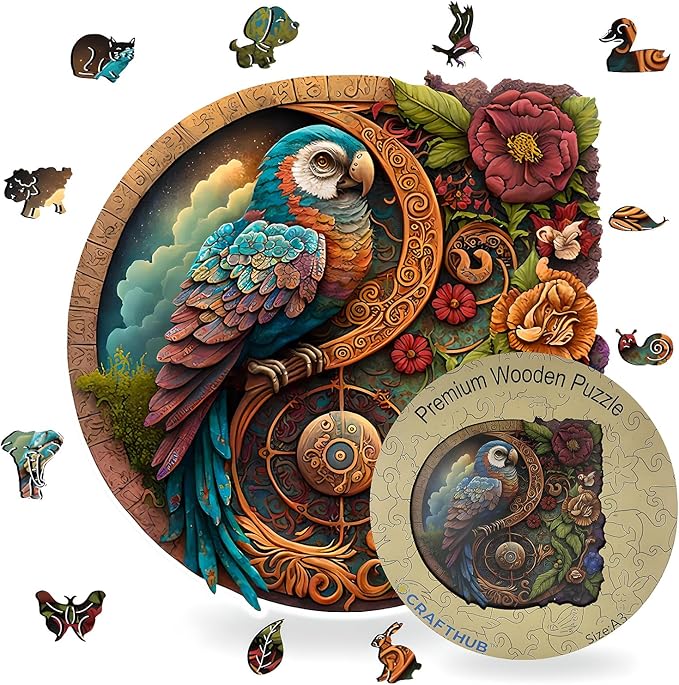 CRAFTHUB Animal Wooden Puzzles for Adults – A4 Parrot Yin Yang with 115 Pieces – Jigsaw Puzzles with Unique Animal Shapes – 7.7" x 7.7"