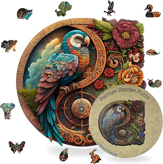 CRAFTHUB Animal Wooden Puzzles for Adults – A4 Parrot Yin Yang with 115 Pieces – Jigsaw Puzzles with Unique Animal Shapes – 7.7" x 7.7"