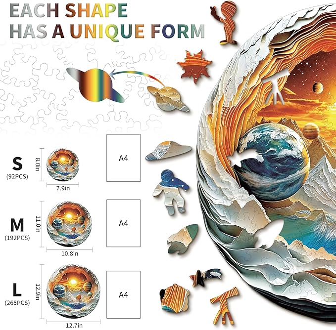 Wooden Puzzles for Adults 192 Pices, 3D Solar System Planet Wooden Jigsaw Puzzle, Flat Puzzels with 3D Visual Effect, Solar System Planet Irregular Jigsaw Puzzles, Finished Puzzle Size is 11 x 10.8in