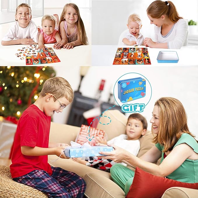 LELEMON Puzzles for Kids Ages 4-8,100 Pieces Funny Dog Jigsaw Puzzles in a Metal Box,Puppy Animal Puzzle for Children,Learning Educational Toys for Boys and Girls