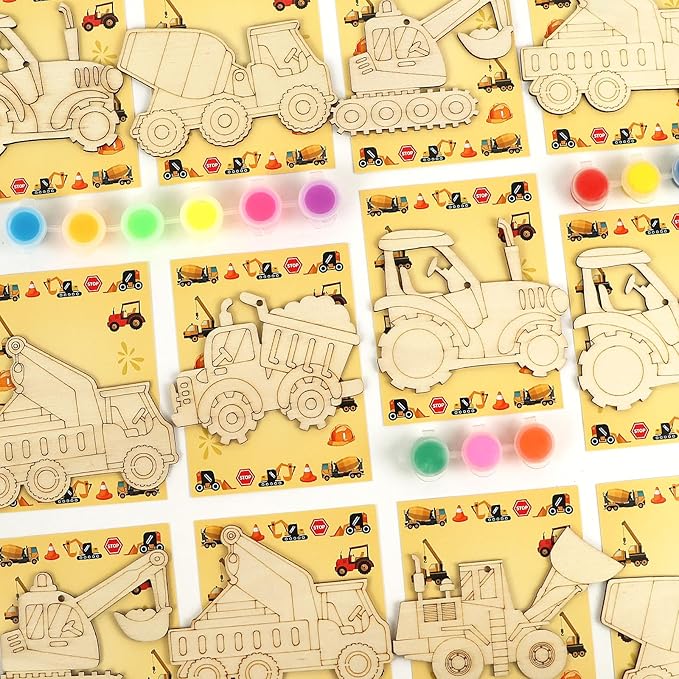 LARDUX Construction Party Favors, 24PCS DIY Wooden Arts & Crafts Painting Kit for Kids , Glow in The Dark Party Favors Family Crafts Birthday Party Christmas Gifts Toys for Boys Girls