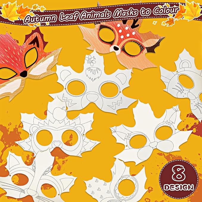 Funrous 24 Pcs Fall Craft Kits Autumn Maple Leaf DIY Mask Color Your Own Animal Blank Painting Paper Mask Thanksgiving Craft