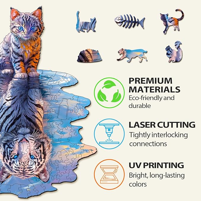 Wooden Puzzles for Adult, Cat Tiger Wooden Jigsaw Puzzles, Unique Shape Wooden Jigsaw Puzzle, Best Gift for Family Game (S-8.4 * 6.8in-95pcs)