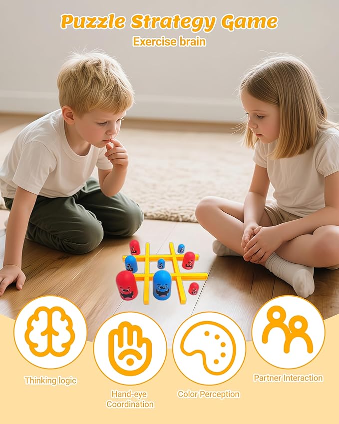 Tic Tac Toe Game, Strategy Board Game for Kids & Adults, 3 Sizes of Nesting Pieces, Gobble & Move Modes, Portable 2-Player Family Game Set