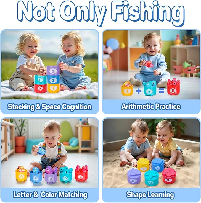 PEBIRA Montessori Toddler Toys for 1 2 Year Old Boy Girl, 23 pcs Cloth Fishing Game, 2 Poles, Stacking Cups, Learning Toys for Number/Color Sorting, Birthday Easter Gift for Age 6-12 18 Month Baby Toy