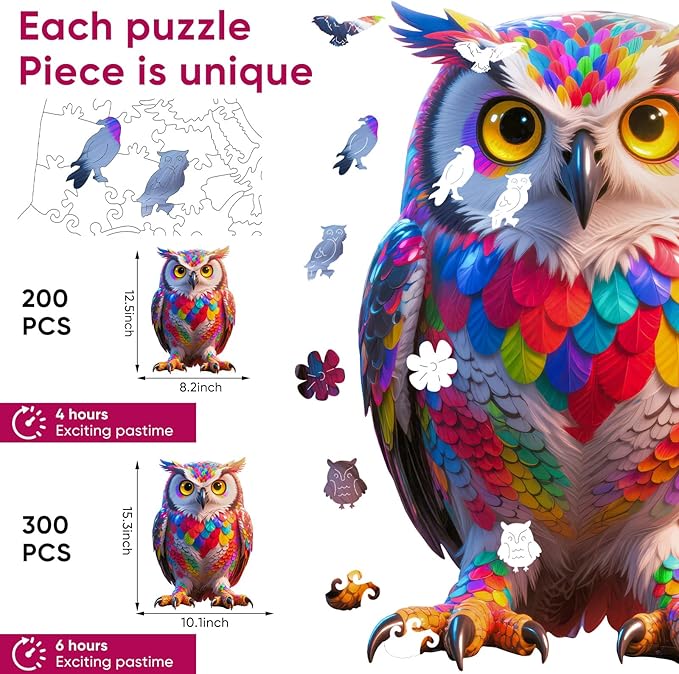 Wooden Puzzles for Adults, Neon Owl Jigsaw Puzzle 200pcs, 8.2x12.5in, Unique Shape Wood Puzzles Adult, Creative Gift for Kids Family Game