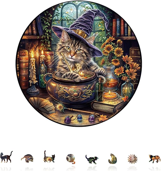 KAAYEE Wooden Puzzles for Adults, Magic Feline Cat Wooden Jigsaw Puzzle 450 PCS Unique Shape Wood Puzzle Adult, 3D Effect Flat Puzzle Birthday Family Game (XL-17.3 * 17.3in)