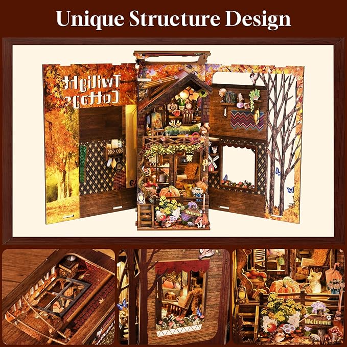 Book Nook Kit, Book Nook Kits for Adults and Teens, DIY Miniature Dollhouse Kit 3D Wooden Puzzle Booknook Bookend with LED Light