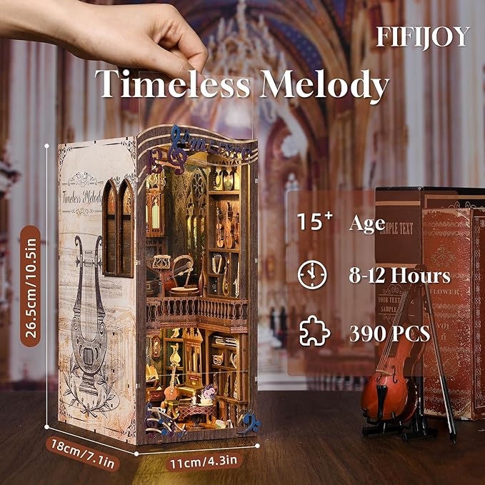 Timeless Melody Book Nook Kit, DIY Miniature Dollhouse Booknook Kit Music, 3D Wooden Puzzle Bookend Bookshelf Insert Decor with LED Light, Mini House Kit for Teens and Adults