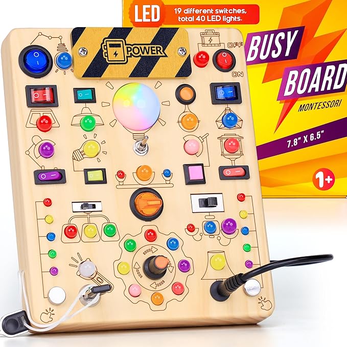 RichBoy Busy Board for 1-3 Year Old, 59 in 1 LED Light Up Wooden Sensory Montessori Switch Board Toy for Toddlers Travel Gift (7.8" x 6.5")