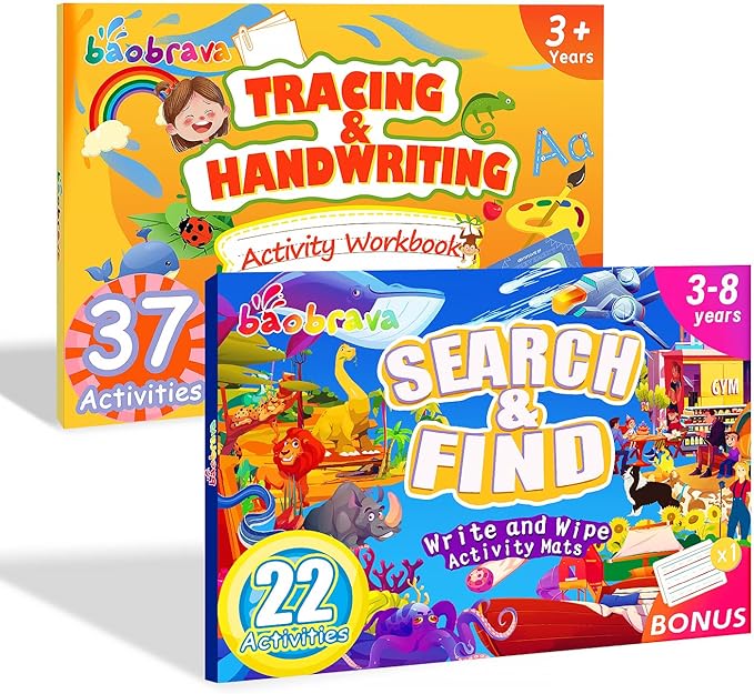 Search and Find Book, and Handwriting Practice & Tracing Books for Kids 3-8 - 50+ Travel Games for Car and Airplane, Preschool Learning Activities, Kindergarten Workbooks, Gift for Kids