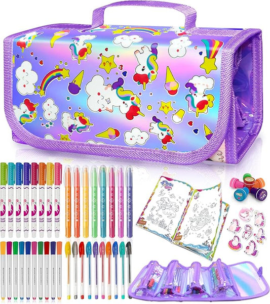 weirtoya 56 PCS Washable Scented Markers Set with Glitter Pencil Case, Mermaid Unicorn Arts and Crafts for kids 4-6-8 Kids Coloring Drawing Kits for 4-8 Years Old Girls Birthday Gifts