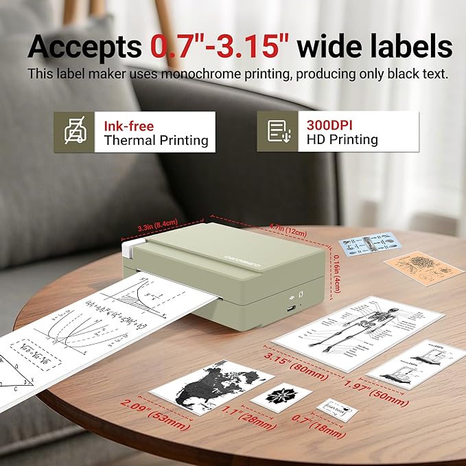 ORGBRO Sticker Printer, X3 Mini Bluetooth Printer Supports 2-3 Inch Printing Width, Thermal Sticker Maker Machine for Photos, Study Notes, Compatible with iOS & Android, Easy to Use, Olive Green