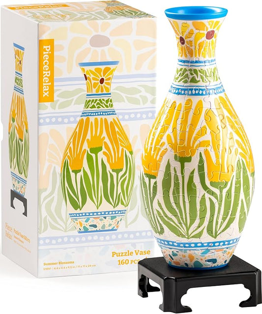 PieceRelax Unique Flower Vase - 3D Puzzle Vase for Adults to Flower Arrangement and Home Decoration Made by 160 Curved and Translucent Plastic Puzzle Pieces - Summer Blossom [S1041]