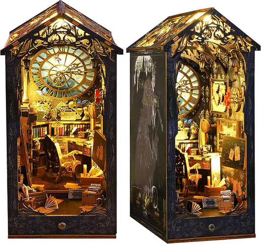 CRIOLPO Book Nook Kit - DIY Doll House Booknook, Book Nook Miniature Kit for Bookshelf Insert Decor Crafts for Adults Teen Halloween, 3D Wooden Puzzle Bookends with Sensor Led Light