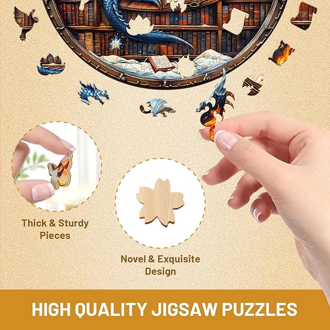Wooden Jigsaw Puzzles for Adults, Snowy Library Dragon Wood Puzzles Adult, Wooden Puzzles for Adults, Unique Shape, Fun Gifts for Friends & Family, Home Decor(L -13.4 * 13.4in-300 pcs)