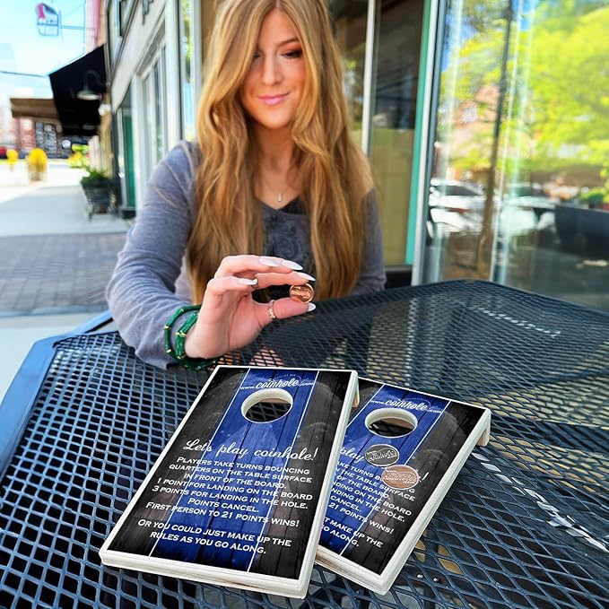 Coinhole Desktop Coin Bouncing Party Game Set | Tabletop Cornhole Board Game | Small Cornhole Travel Game Includes Coins