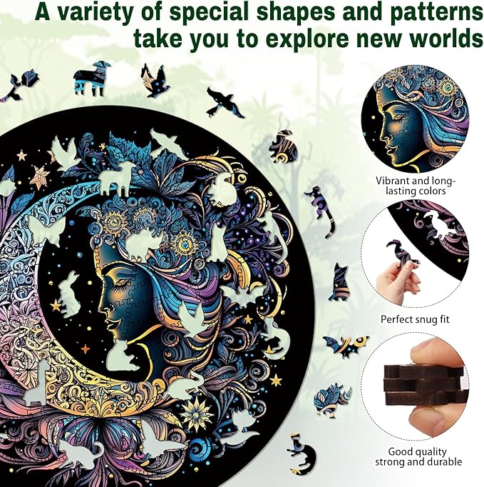 Wooden Puzzles for Adults, 200 Pieces Sun and Moon Uniquely Irregular Animal Shaped Wooden Jigsaw Puzzles, Creative Gift for Teenagers and Adults