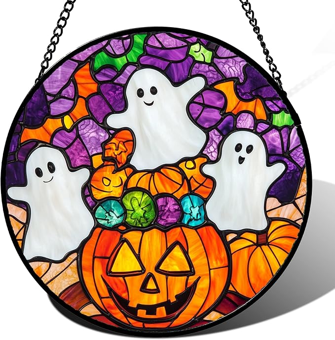 Stained Glass Window Hanging Halloween Horror Pumpkin White Ghost 15" - Suncatcher Door Garden Sunroom Gothic Style Sun Catcher Birthday for Friend Mom Men Woman Nana