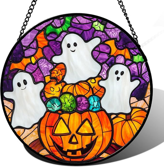 Stained Glass Window Hanging Halloween Horror Pumpkin White Ghost 15" - Suncatcher Door Garden Sunroom Gothic Style Sun Catcher Birthday for Friend Mom Men Woman Nana