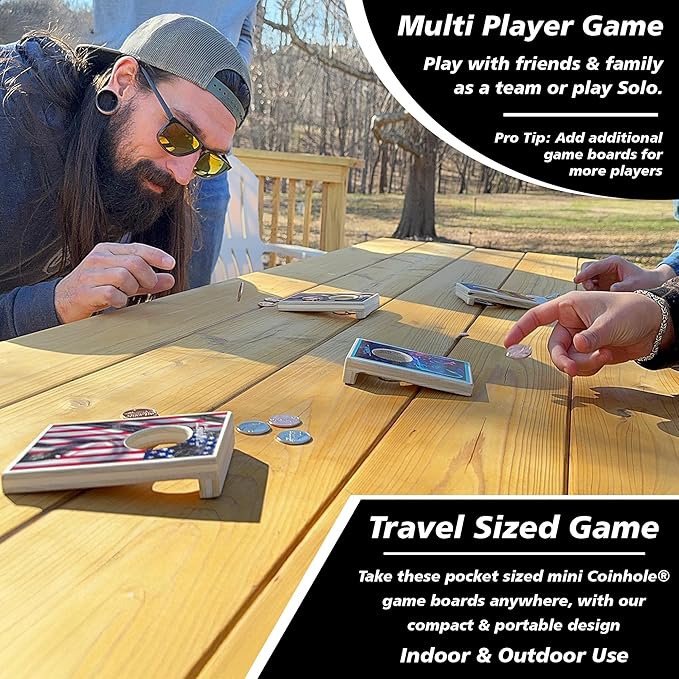 Coinhole Desktop Coin Bouncing Party Game Set | Tabletop Cornhole Board Game | Small Cornhole Travel Game Includes Coins