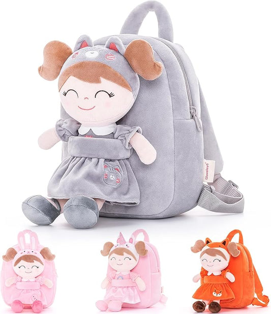 Gloveleya Back to School Gifts for Girls Cat Backpack Toddler Backpack Soft Plush Backpacks with Plush Doll Gray