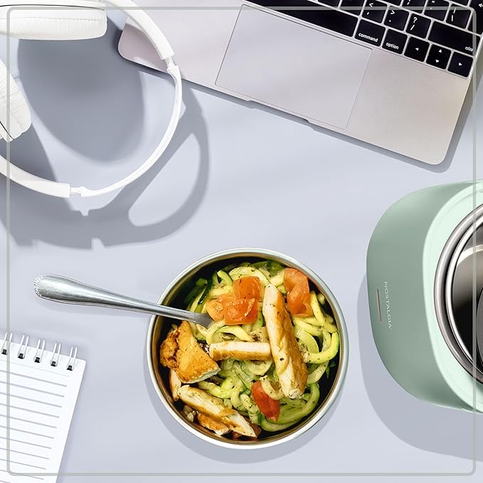 Nostalgia Portable 20-Ounce Electric Heated Lunch Box – Travel Size 2.5 Cup Capacity for Soup, Chili, and Leftovers – Leak Proof Silicone Sealed Lid, Foldable Carry Handle, Detachable Cord – Sage