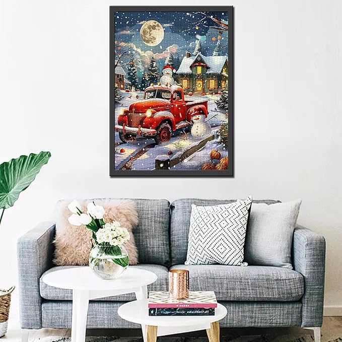 Merry Christmas 1000 Piece Jigsaw Puzzles for Adults Red Car and Snowman Painting Jigsaw Wooden House Puzzles for Challenging Family Activity Winter Scenery Art DIY Puzzle Decor Gifts(Colorful