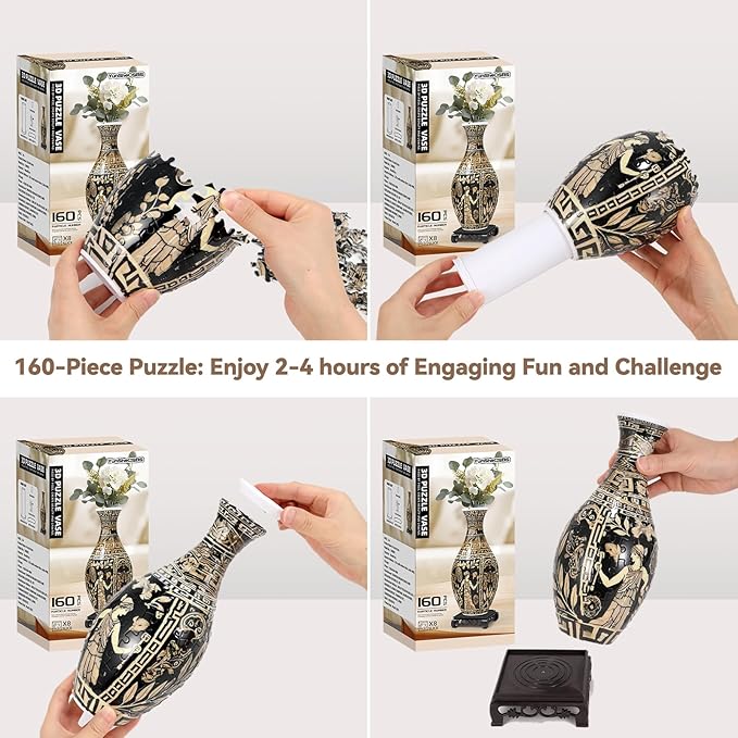 3D Puzzles Vase for Adults, 160 Pieces Plastic DIY Unique Flower Vase with LED Light, Crafts for Adults, Birthday Gifts House Warming Gift for Flower Arrangements and Home Decor (Brown)