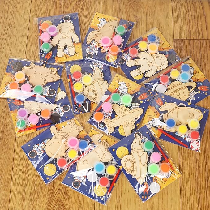 LARDUX Space Party Favors, 24PCS DIY Wooden Arts & Crafts Painting Kit for Kids, Glow in The Dark Party Favors Family Crafts Birthday Party Christmas Gifts Toys for Boys Girls