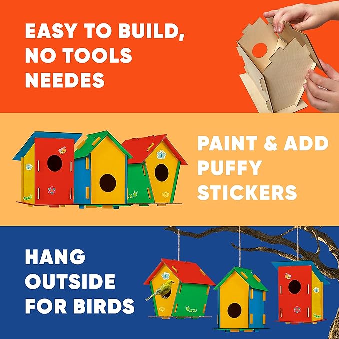 12 DIY Bird House Kits For Children to Build - Wood Birdhouse Kits for Kids to Paint - Unfinished Wood Bird Houses to Paint for Kids - Wood Craft Project Kits - Wooden Arts & Craft for Girls & Boys