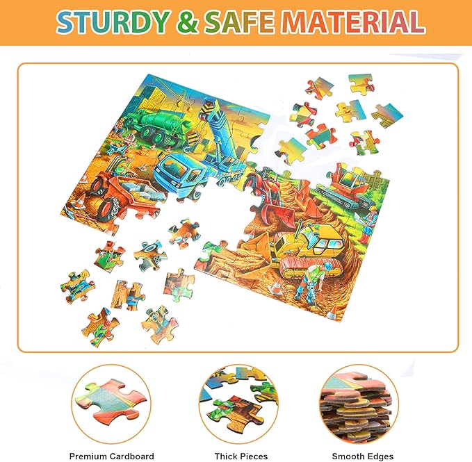 Jigsaw Puzzles for Kids Ages 3-5, 4-8, 6-8 Boys Girls - 60 Piece Construction Site - Large Piece Children Floor Jigsaw Puzzles - Science Educational Toys for 3 4 5 6 7 8 Years Old