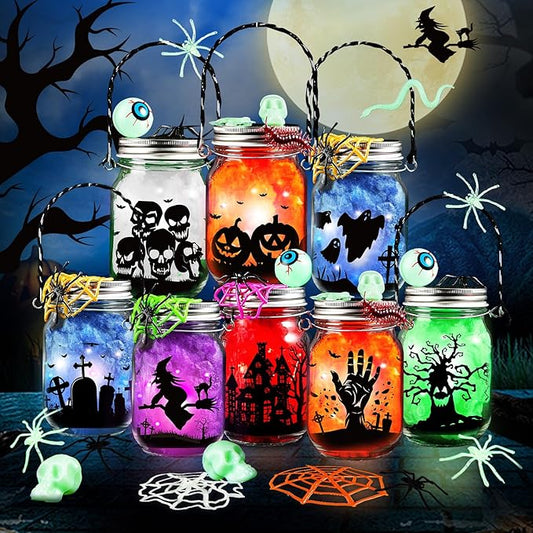 SpringFlower 8 Pack Halloween DIY Arts and Crafts Kits for Kids Ages 6-8, 8-12, Halloween Mason Jar with Accessories for DIY Lantern Jar, Art & Craft Party Supplies for Classroom Kids