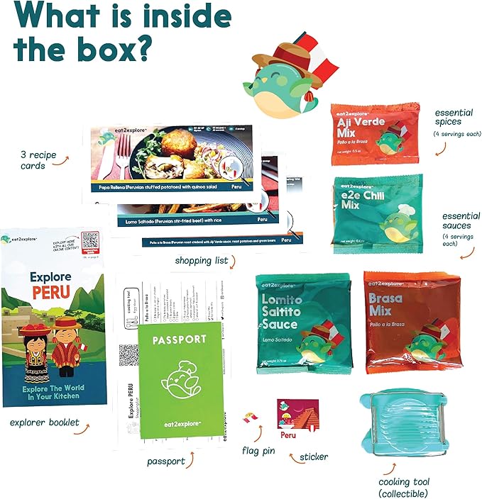 eat2explore Cooking Kits for Kids - Interactive & Educational Set with 3 Recipe Cards, Key Ingredients & Cooking Tools - Ideal Idea for Kids who Love to Create Meals (Peru Edition)
