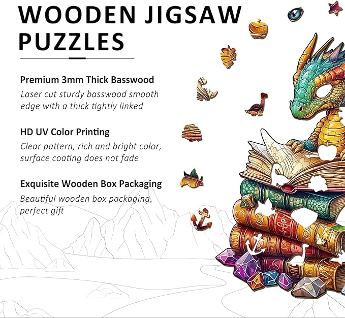 Wooden Puzzles for Adults - Reading Dragon Wood Puzzles Adult - Unique Animal Shape Wooden Jigsaw Puzzles for Adults - Birthday Gifts for Puzzle Lovers, Family (11.4 * 11.4in)