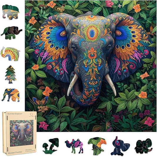 Wooden Puzzles for Adults, Bohemian Style Elephant Jigsaw Puzzles 200 Pieces, Unique Shaped Puzzle for Adults and Kids, Family Games Party Gifts 11.2 * 11.2in