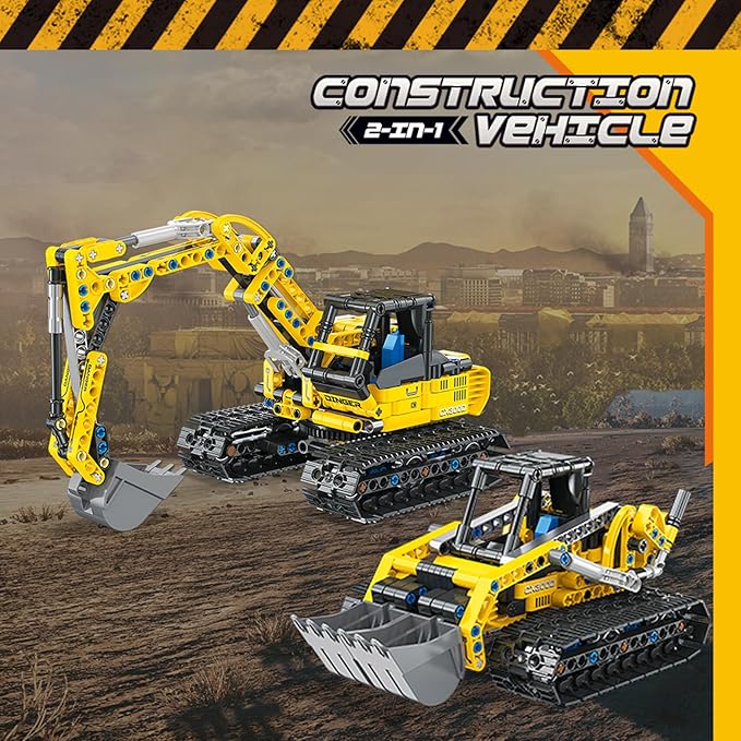 2-in-1 Construction Vehicle Building Kit - Excavator & Bulldozer Building Toys Set | 399 Pieces STEM Learning Toys | Creative Birthday Gifts