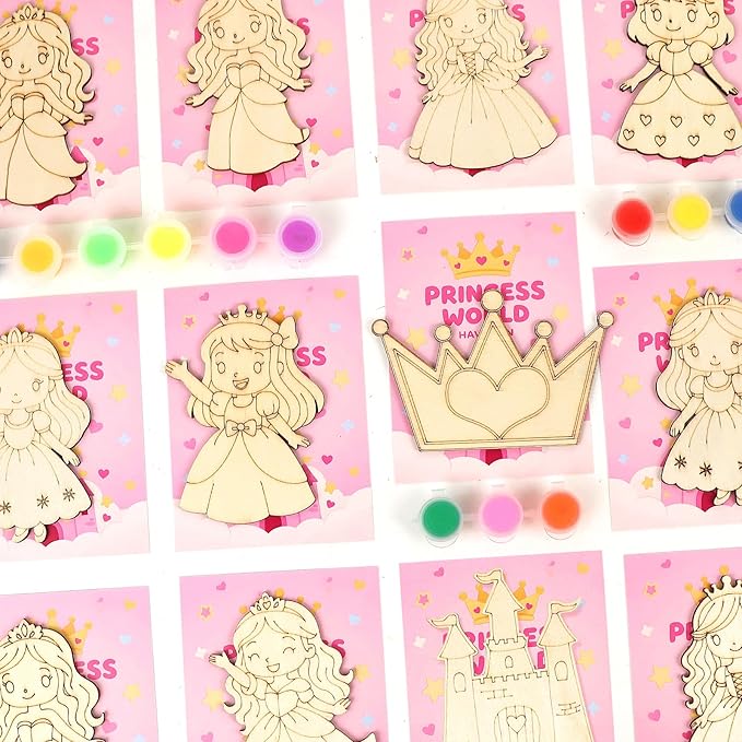 LARDUX Princess Party Favors, 24PCS DIY Wooden Arts & Crafts Painting Kit for Kids, Glow in The Dark Party Favors Family Crafts Birthday Party Christmas Gifts Toys for Boys Girls