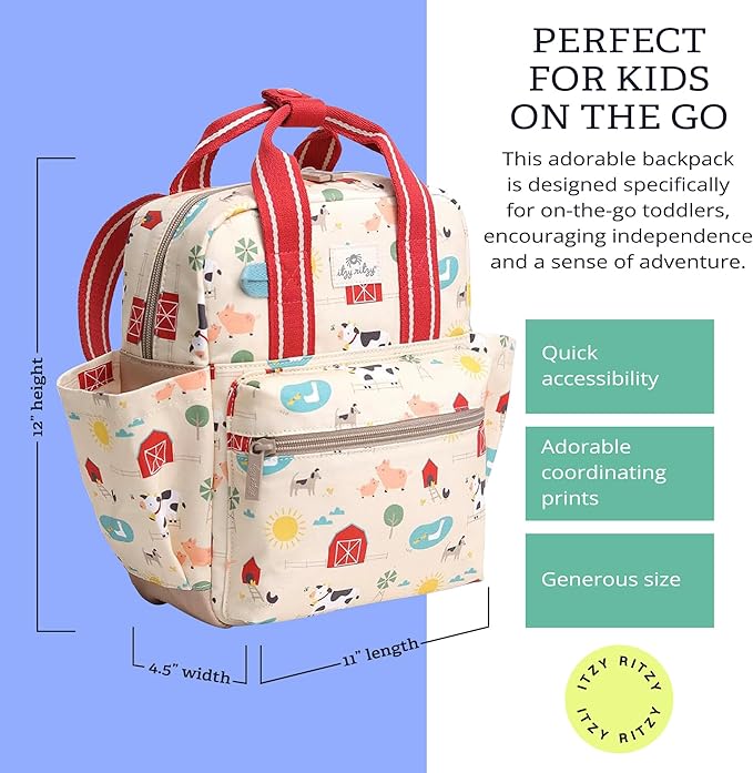 Itzy Ritzy Toddler Backpack - Daycare Bag - Features Adjustable Shoulder Straps, 2 Side Pockets & Spacious Interior with Wipeable Fabric Lining & Name Label, Farm Backpack
