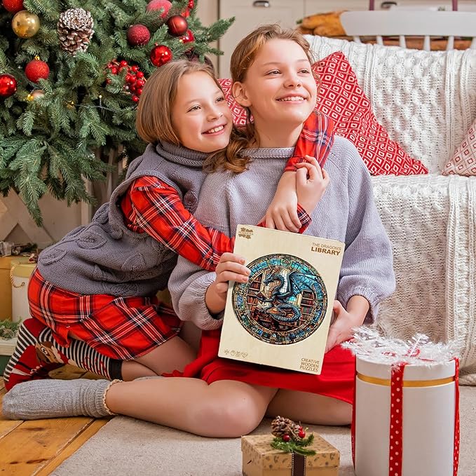 Wooden Puzzles for Adults - The Dragon's Library Wooden Jigsaw Puzzle, Unique Animal Shaped Wood Puzzles Adult, Christmas Birthday Gifts for Friends/Family, Home Decor 8.5 * 8.5in 100pcs